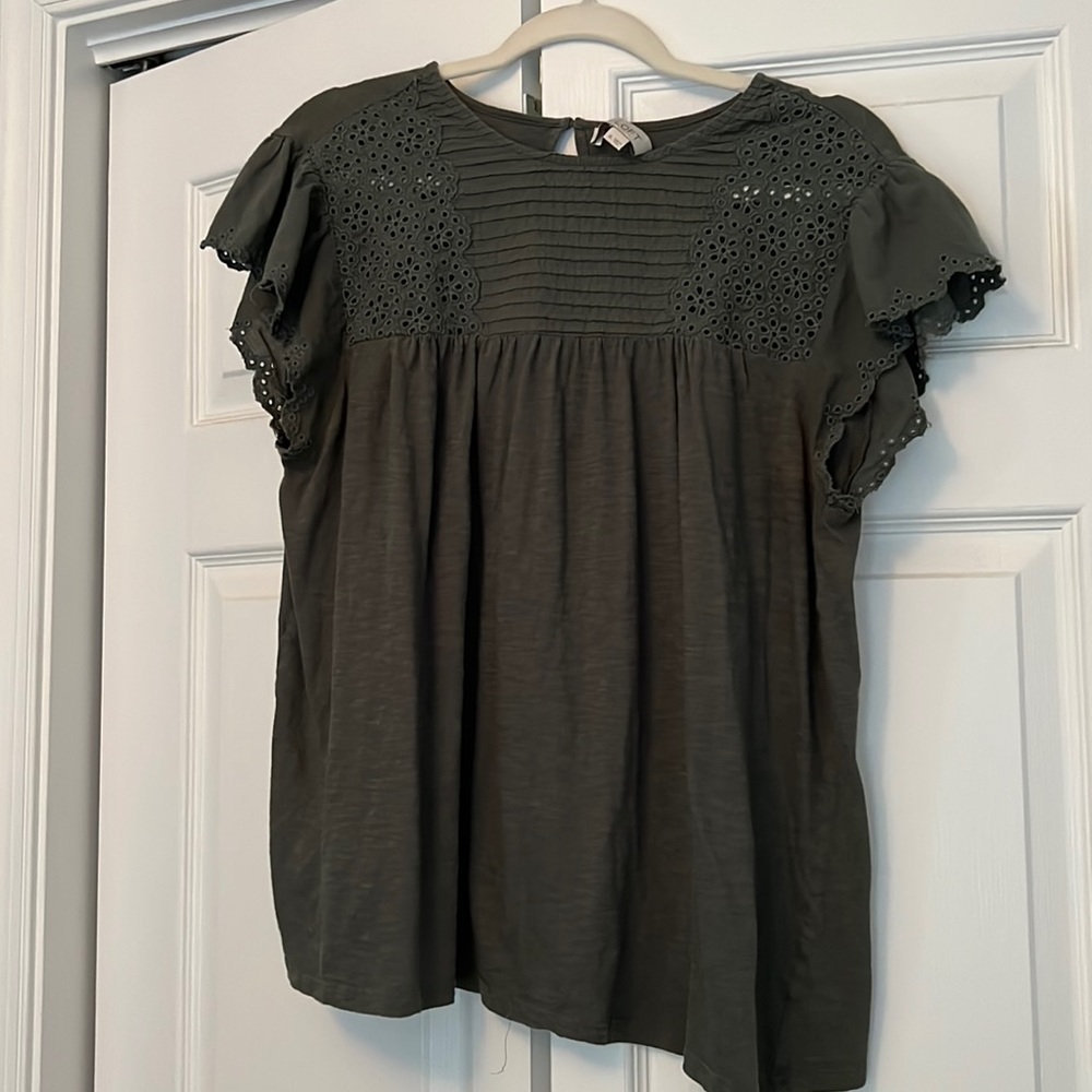 Loft eyelet olive high neck blouse